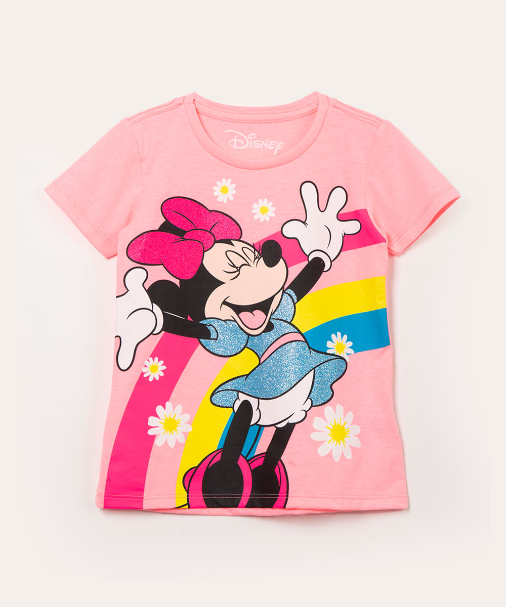 blusa infantil manga curta minnie mouse glitter rosa