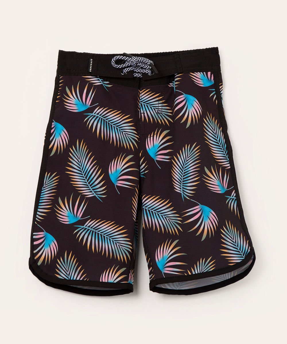 bermuda infantil de surf folhagem preto