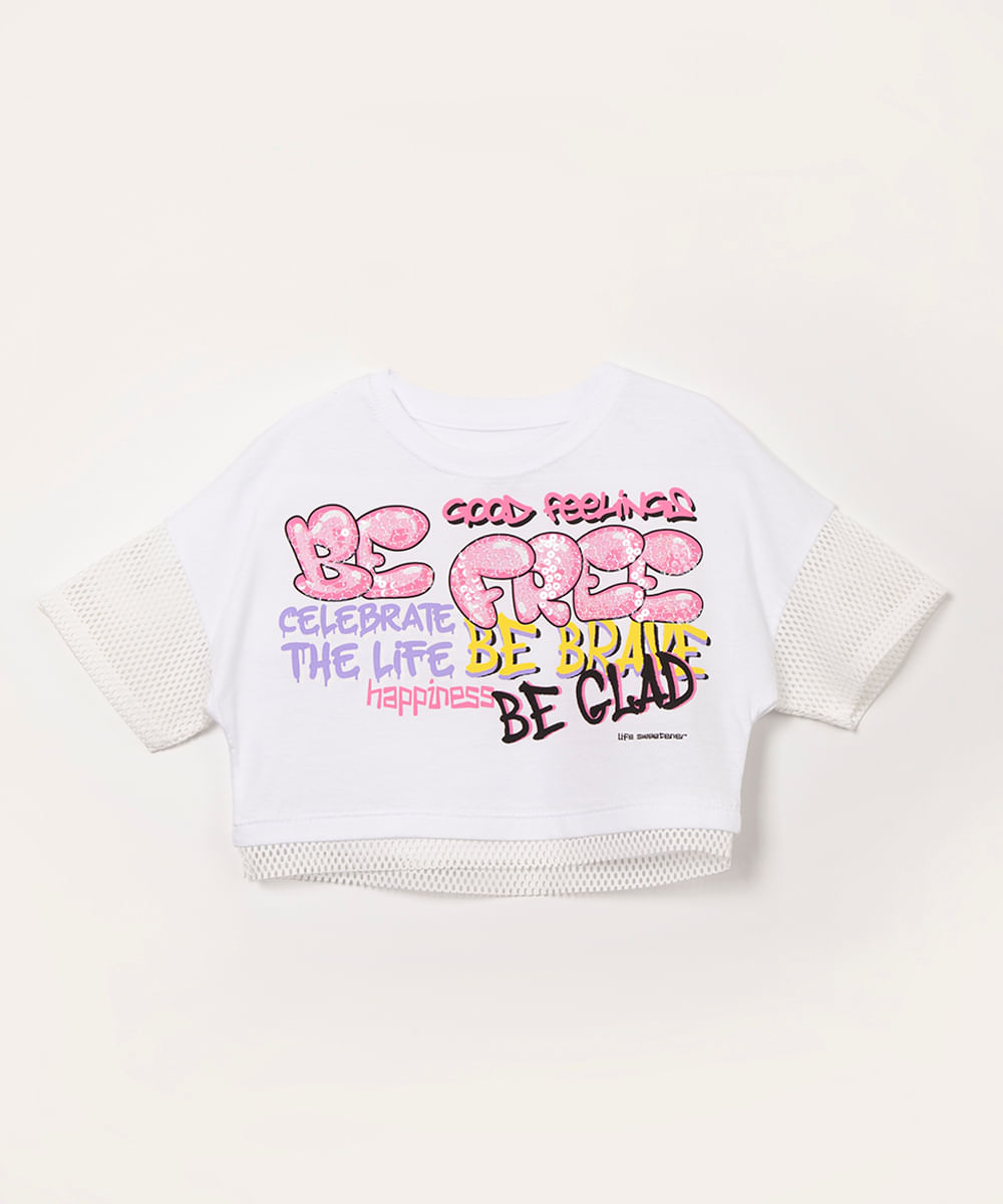 blusa infantil cropped manga curta be free off white