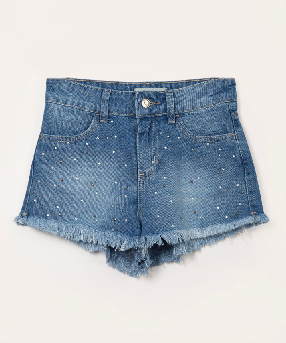 short juvenil jeans cintura alta brilho azul médio