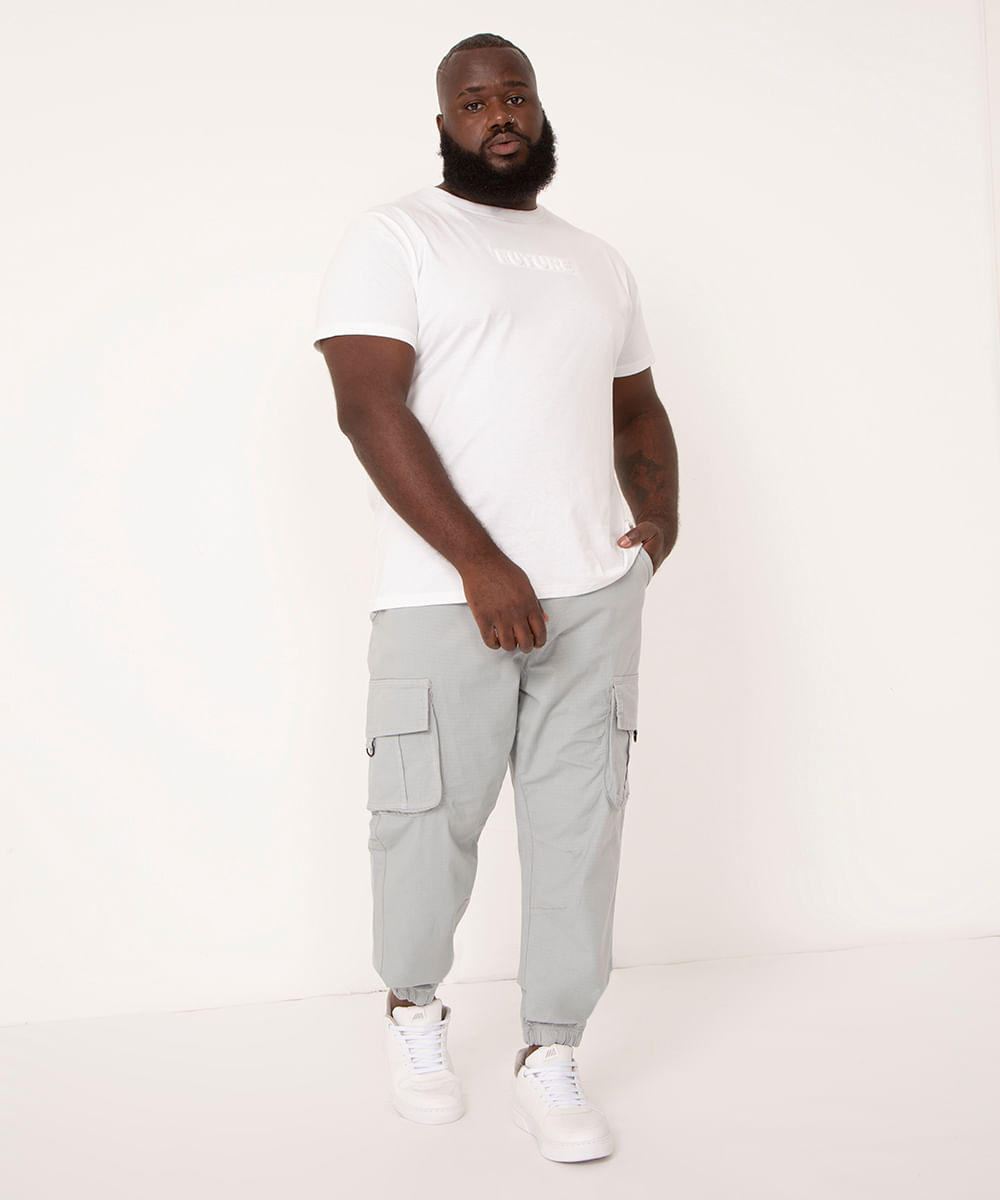 calça de sarja plus size jogger cargo cinza claro