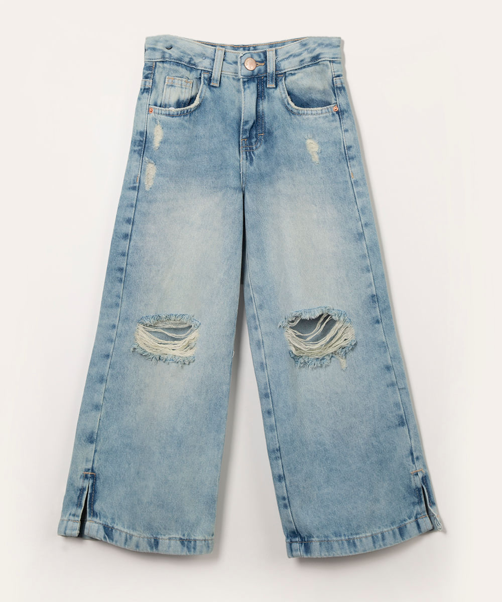 calça infantil jeans wide destroyed azul claro