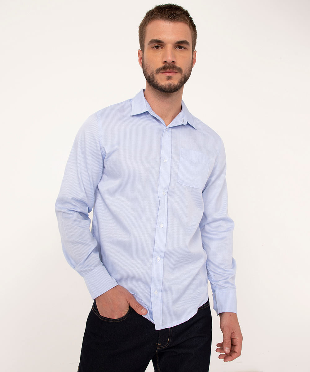 camisa comfort manga longa listrada com bolso azul claro