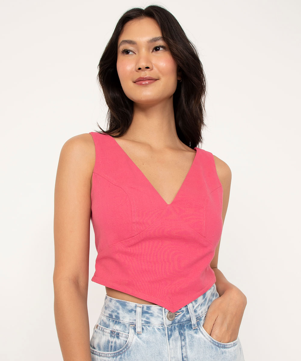 blusa com linho corset alça larga rosa