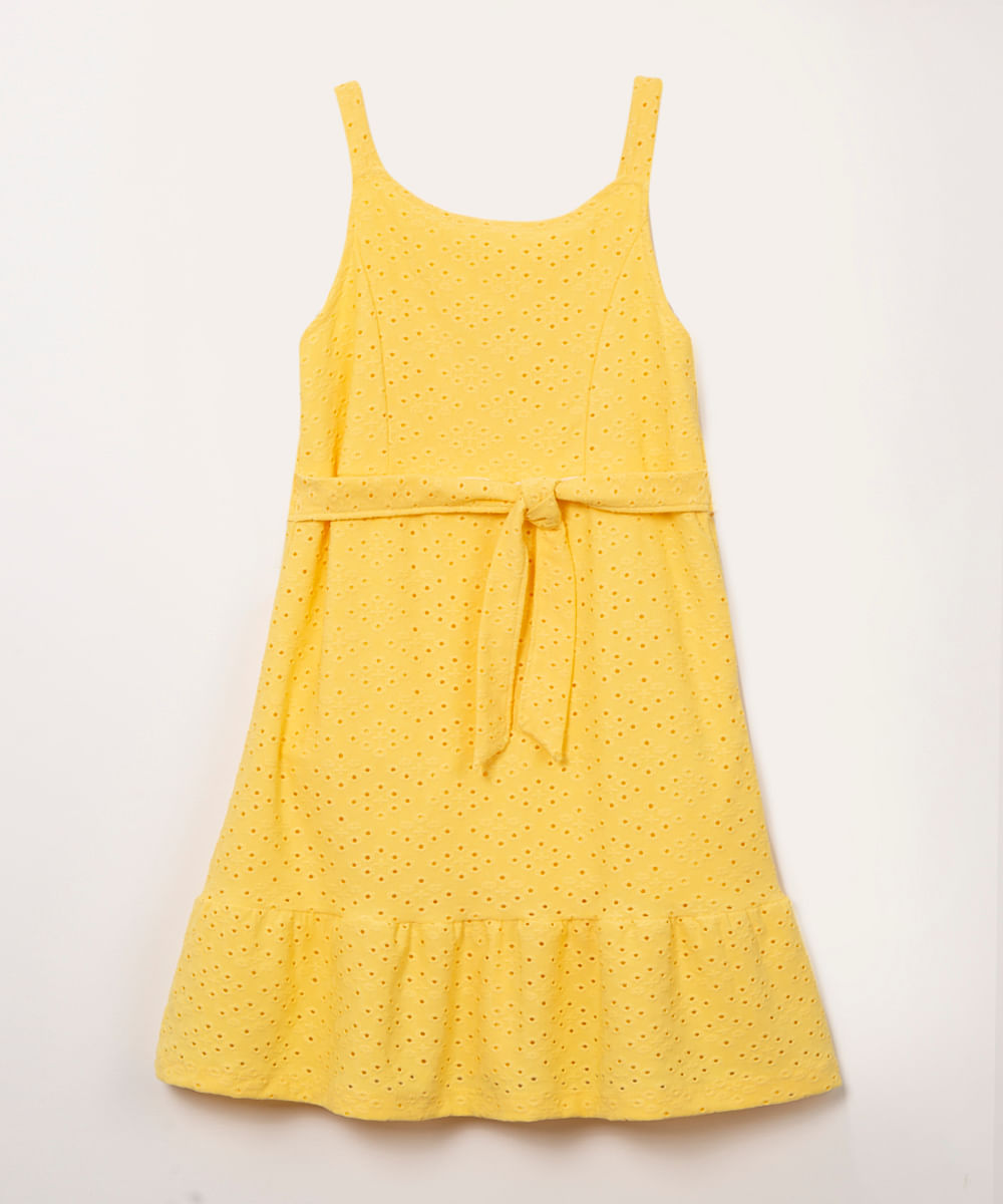 vestido infantil em laise com amarração amarelo