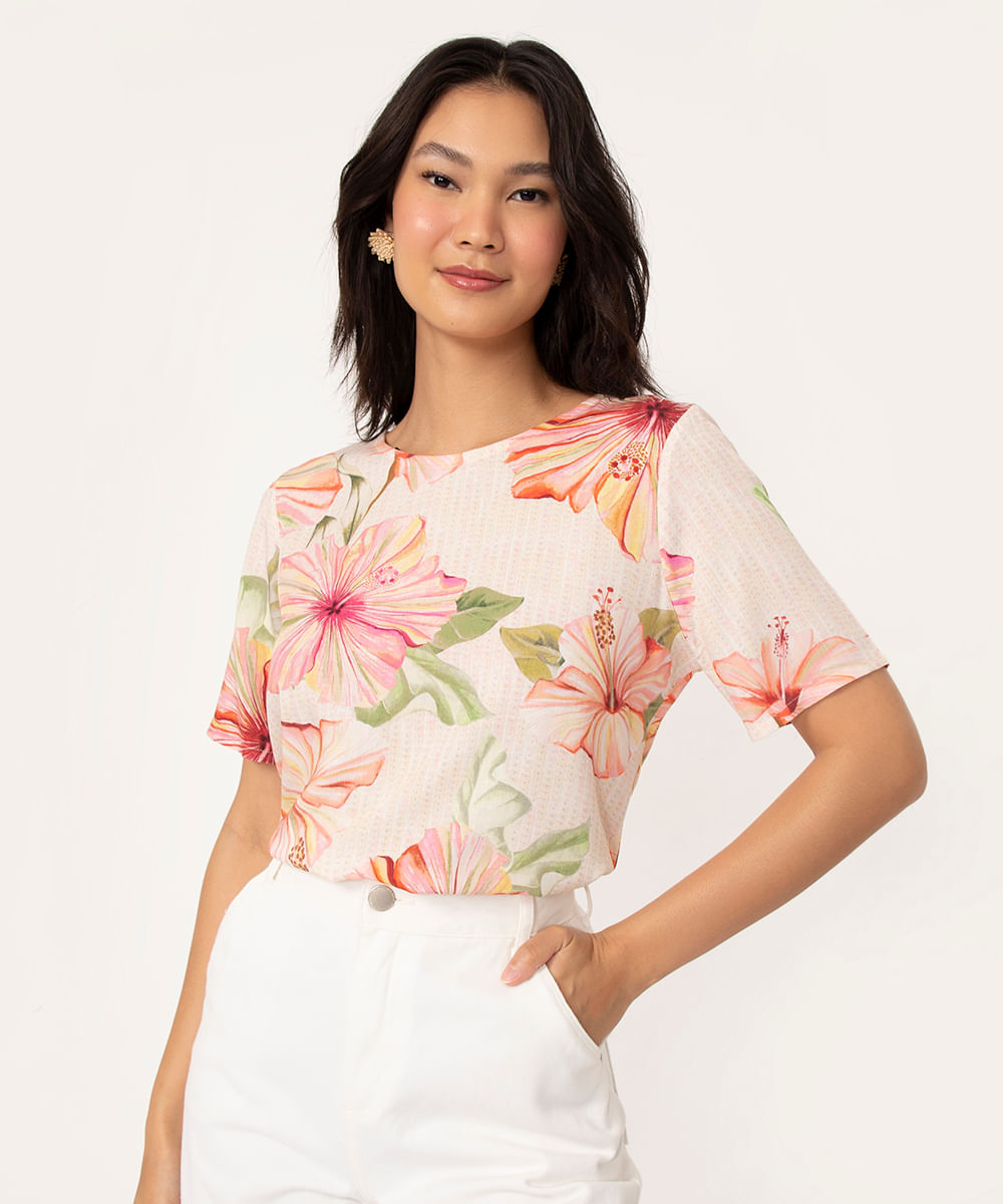 blusa de viscose floral manga curta bege