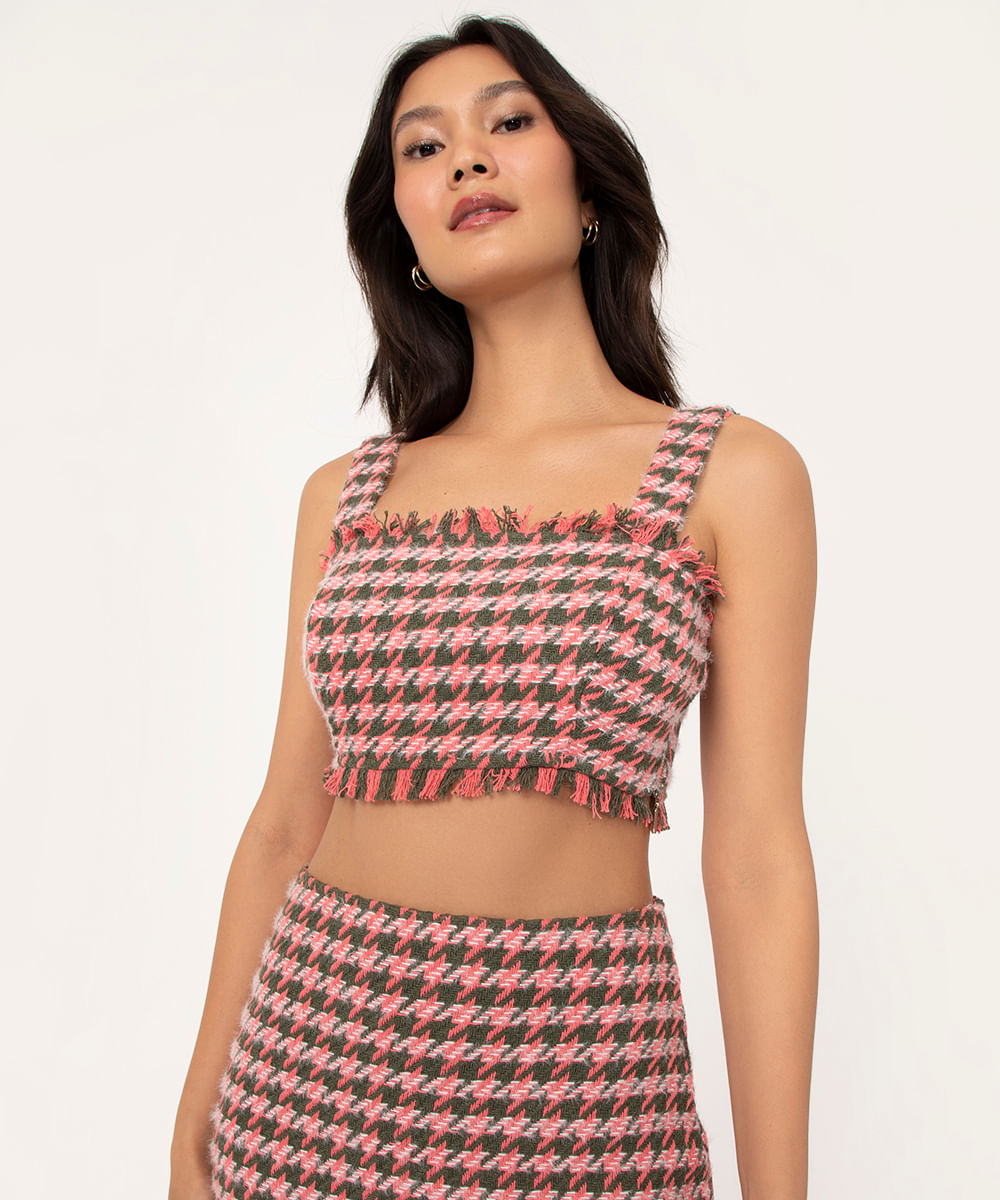 top cropped de tweed alça larga rosa