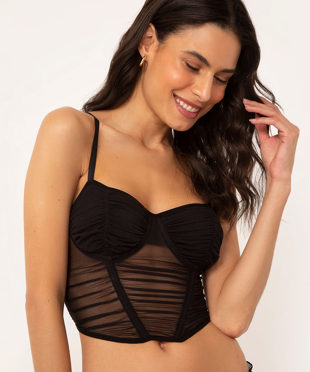 sutiã top corset de tule alongado preto