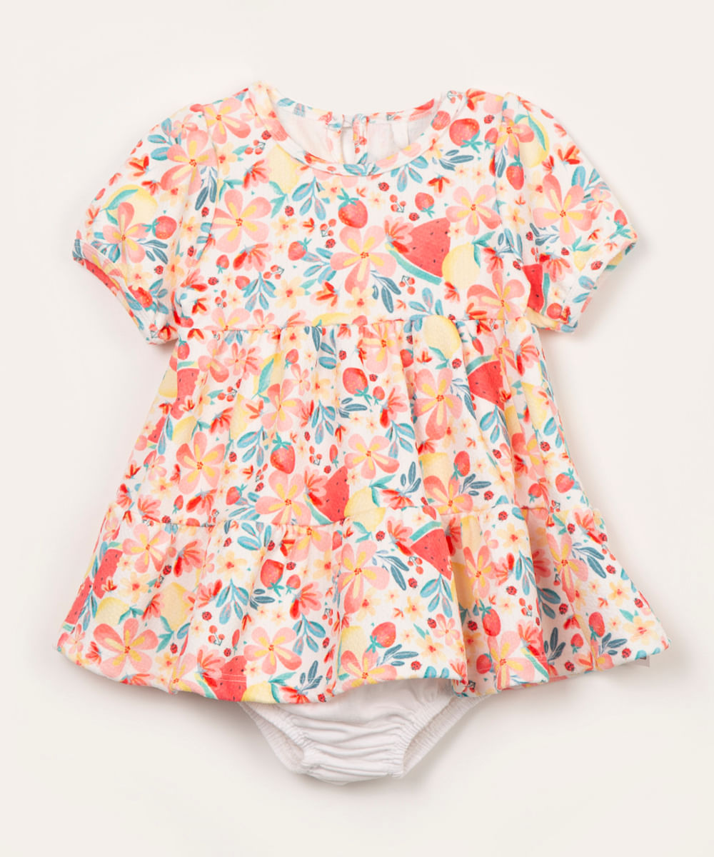 vestido infantil floral com calcinha off white