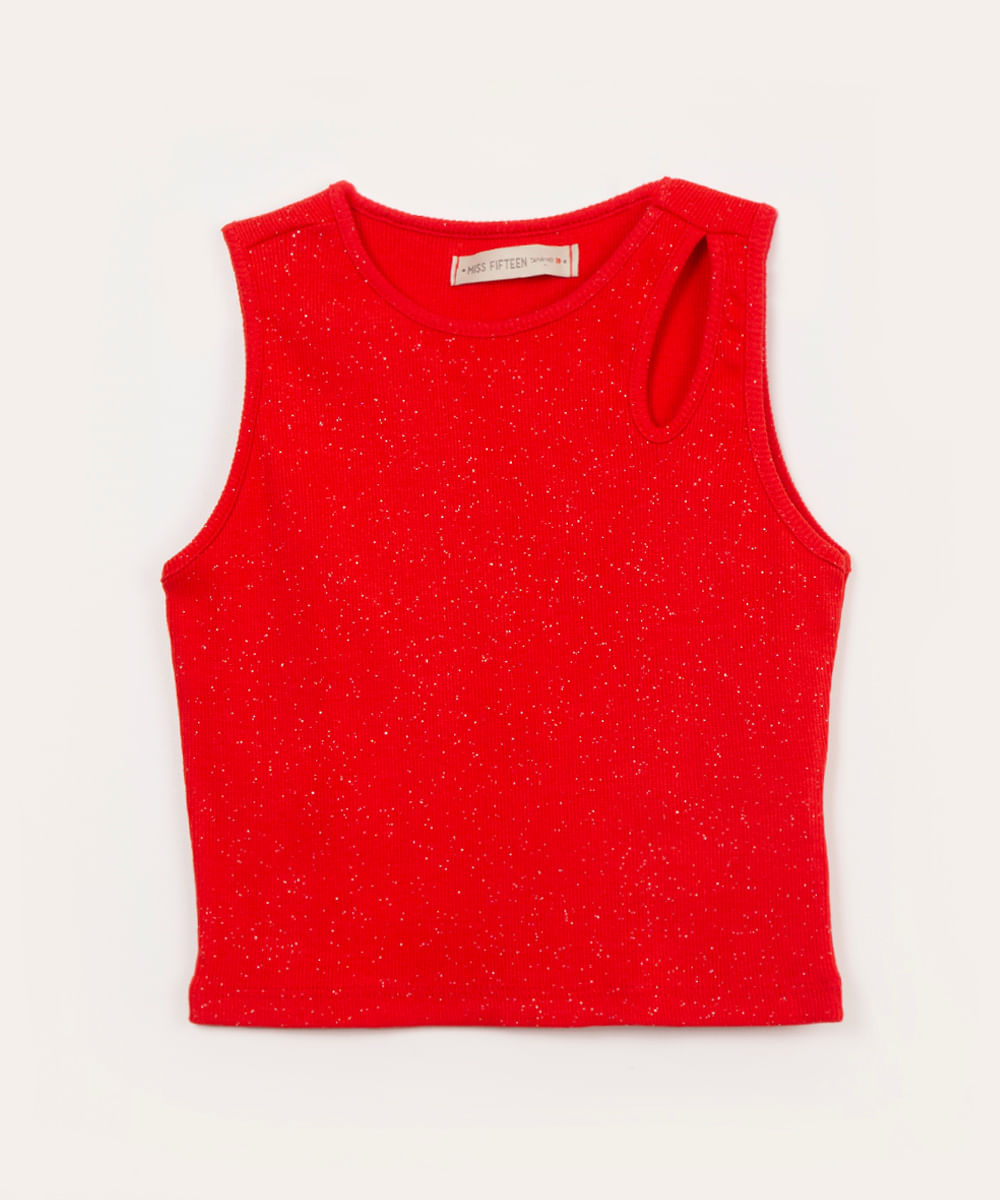 blusa cropped juvenil canelada com glitter vermelho