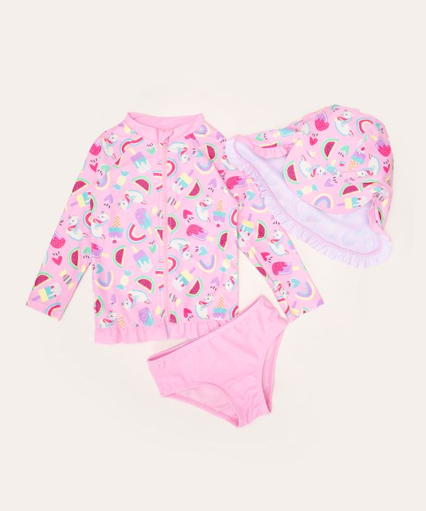 conjunto de praia infantil chapéu unicórnio com chapéu e proteção uv50 multicor 3