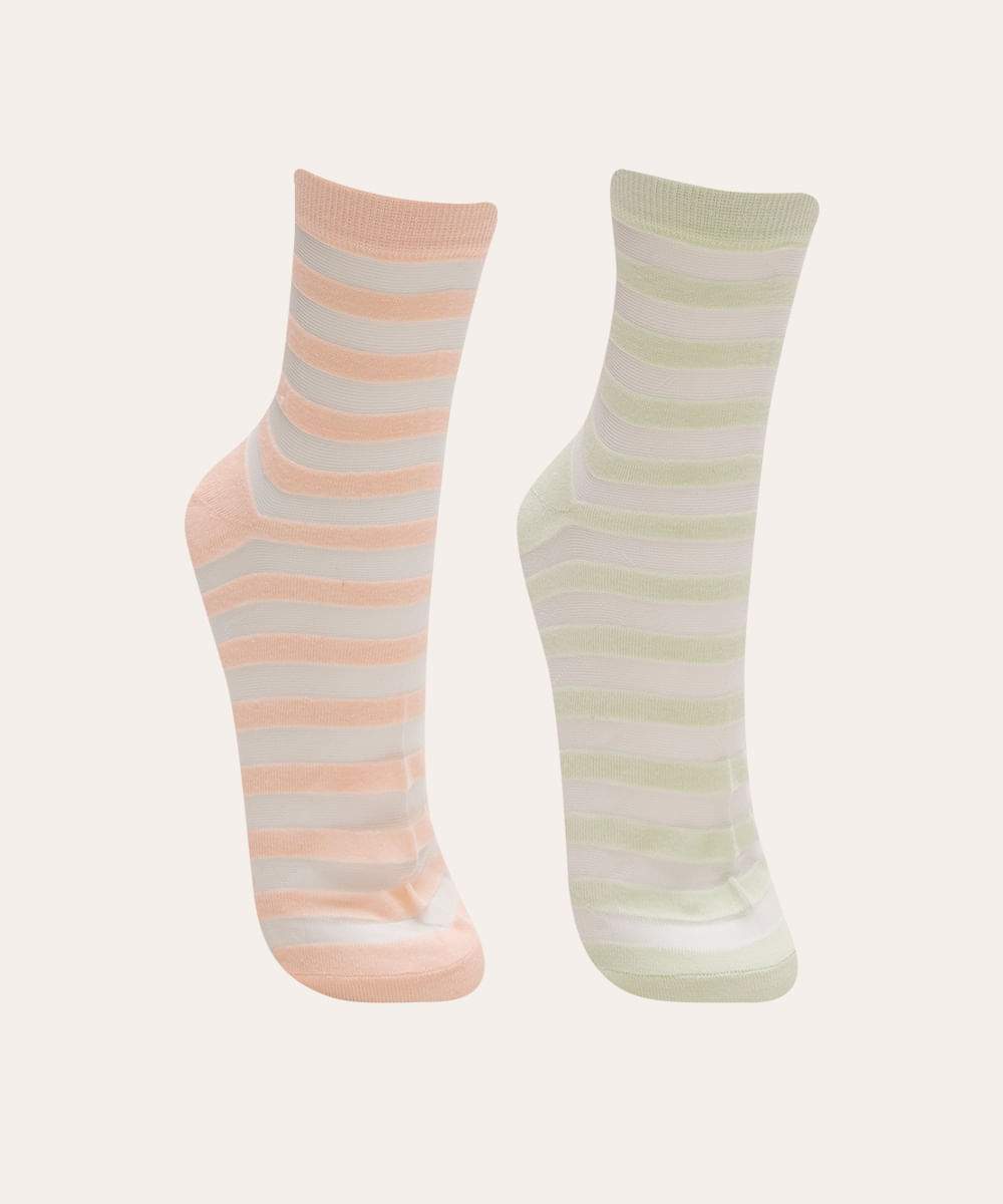 kit de 2 pares de meias cano médio listrada com tule multicor