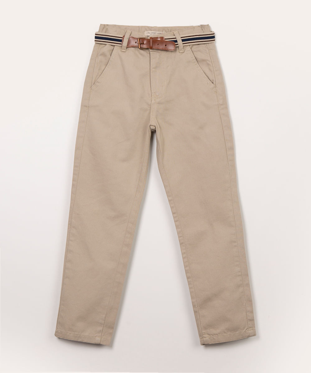 calça infantil de sarja chino com cinto bege