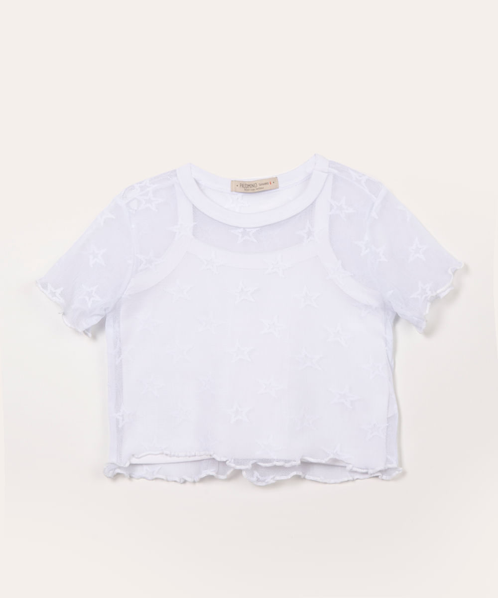 blusa infantil de tule estrelinha off white