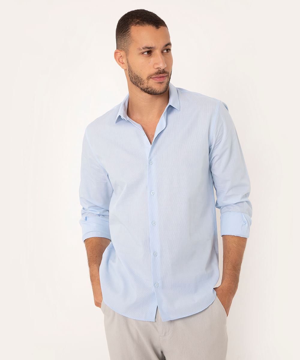camisa comfort de algodão listrada manga longa azul claro