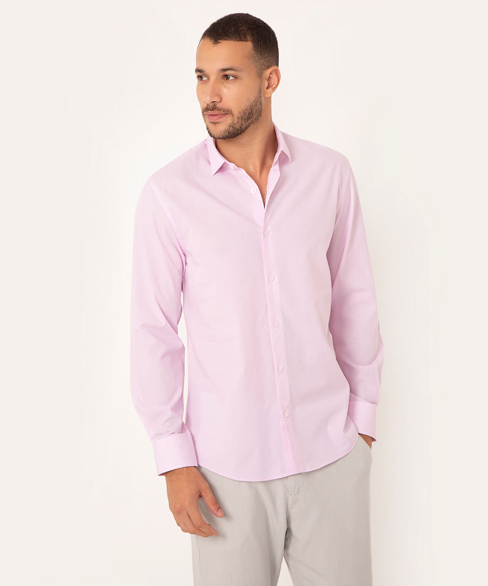 camisa comfort de algodão listrada manga longa rosa claro