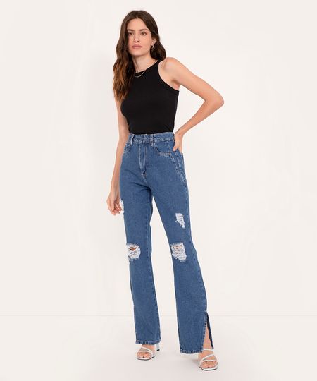 calça jeans flare destroyed cintura super alta sawary azul escuro