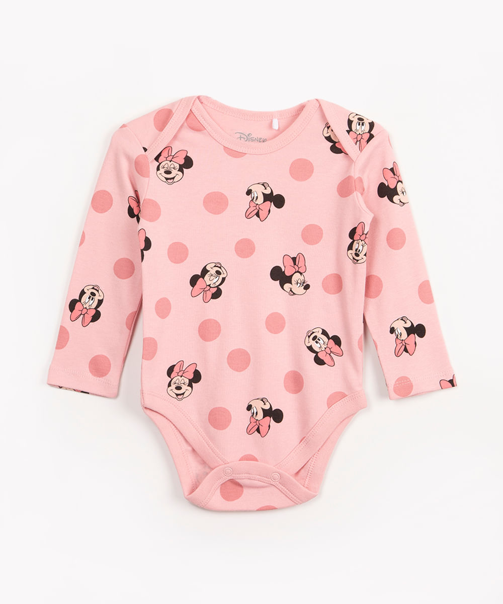 body infantil de algodão manga longa minnie mouse rosa