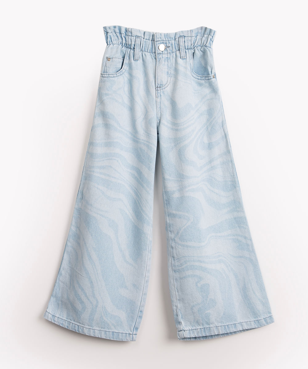 calça wide leg jeans infantil estampa psicodélica azul médio