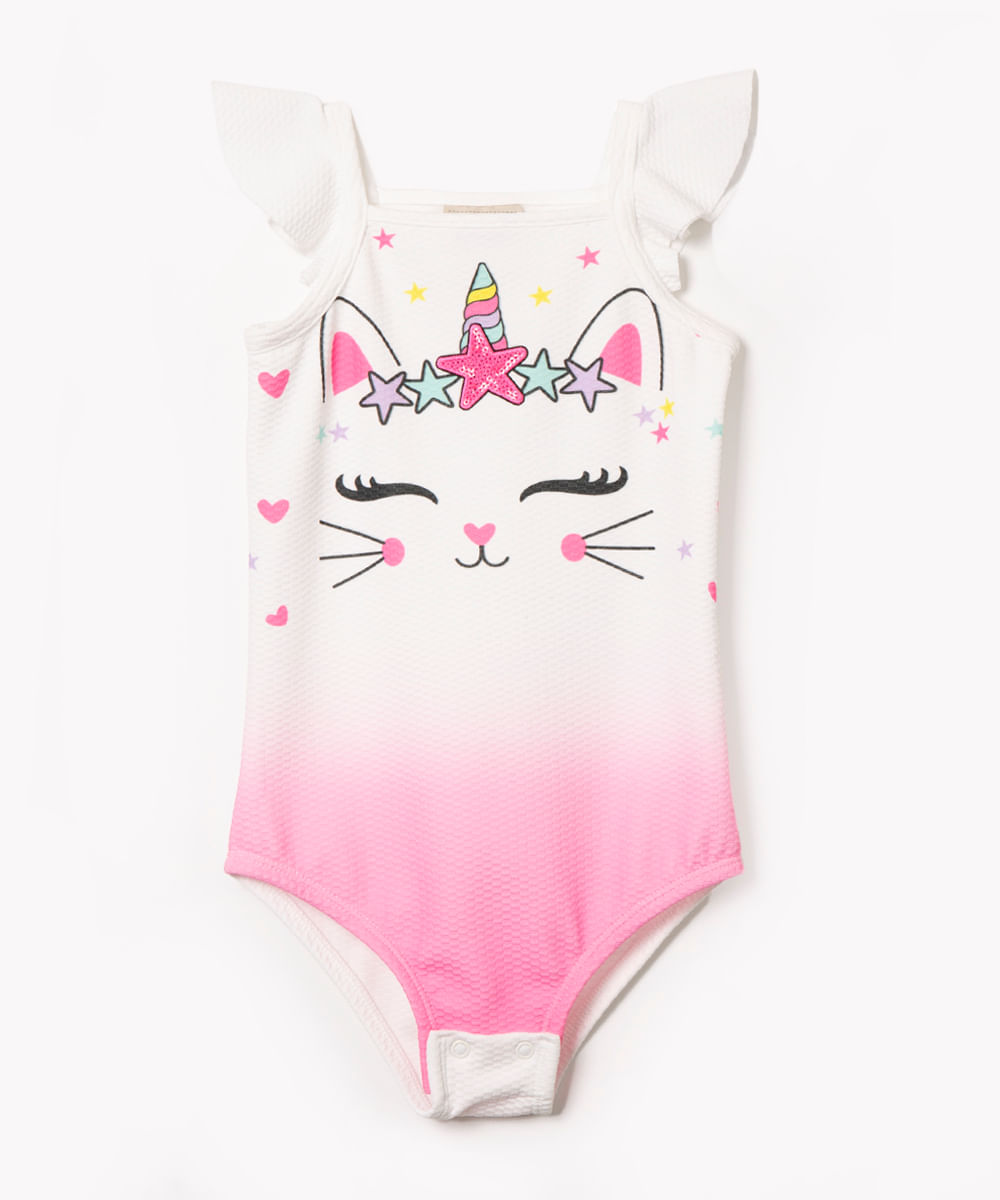 body infantil texturizado gato unicórnio off white