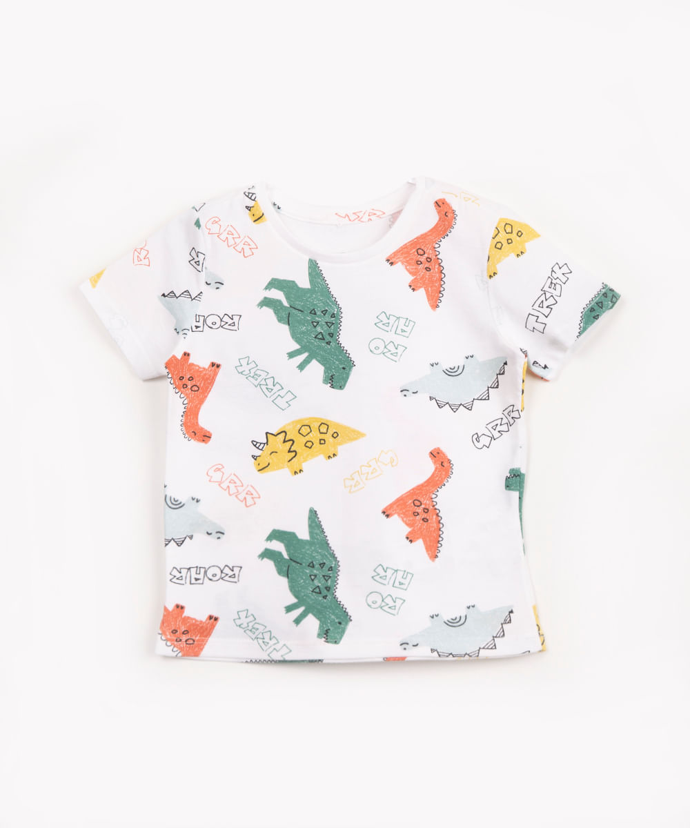 camiseta infantil de malha dinossauros manga curta off white