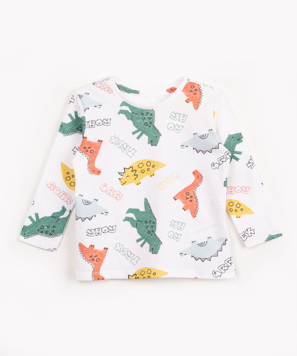 camiseta infantil de malha dinossauros manga longa off white