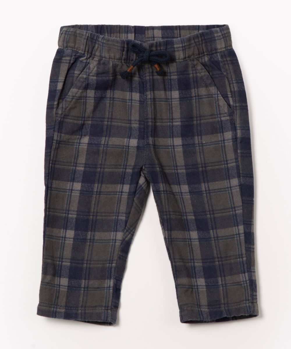 calça infantil de algodão xadrez azul marinho