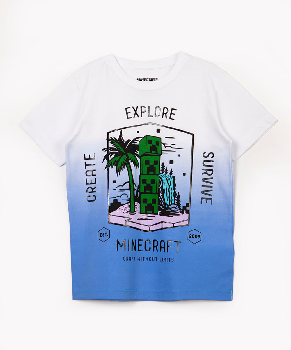 camiseta infantil de algodão manga curta minecraft off white