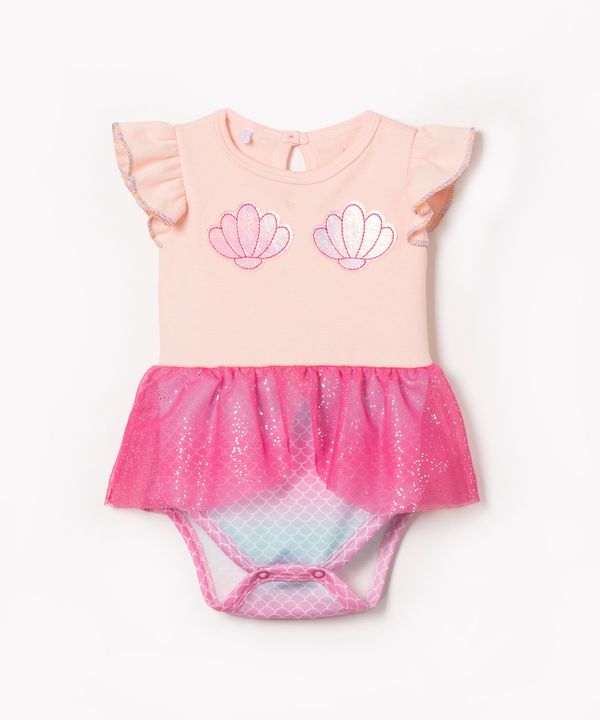 body infantil manga curta sereia com saia de tule rosa 3-6