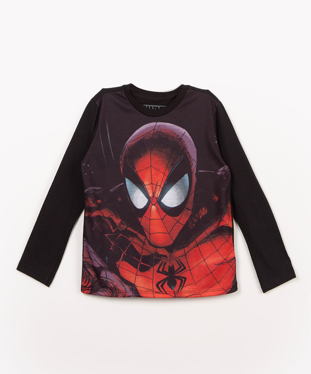 camiseta de malha homem aranha manga longa preta