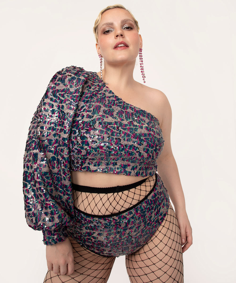 blusa cropped paetê manga única bufante ohlograma multicor