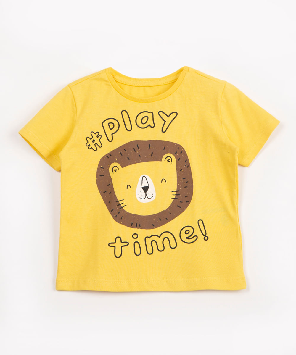 camiseta infantil de algodão manga curta leão amarelo