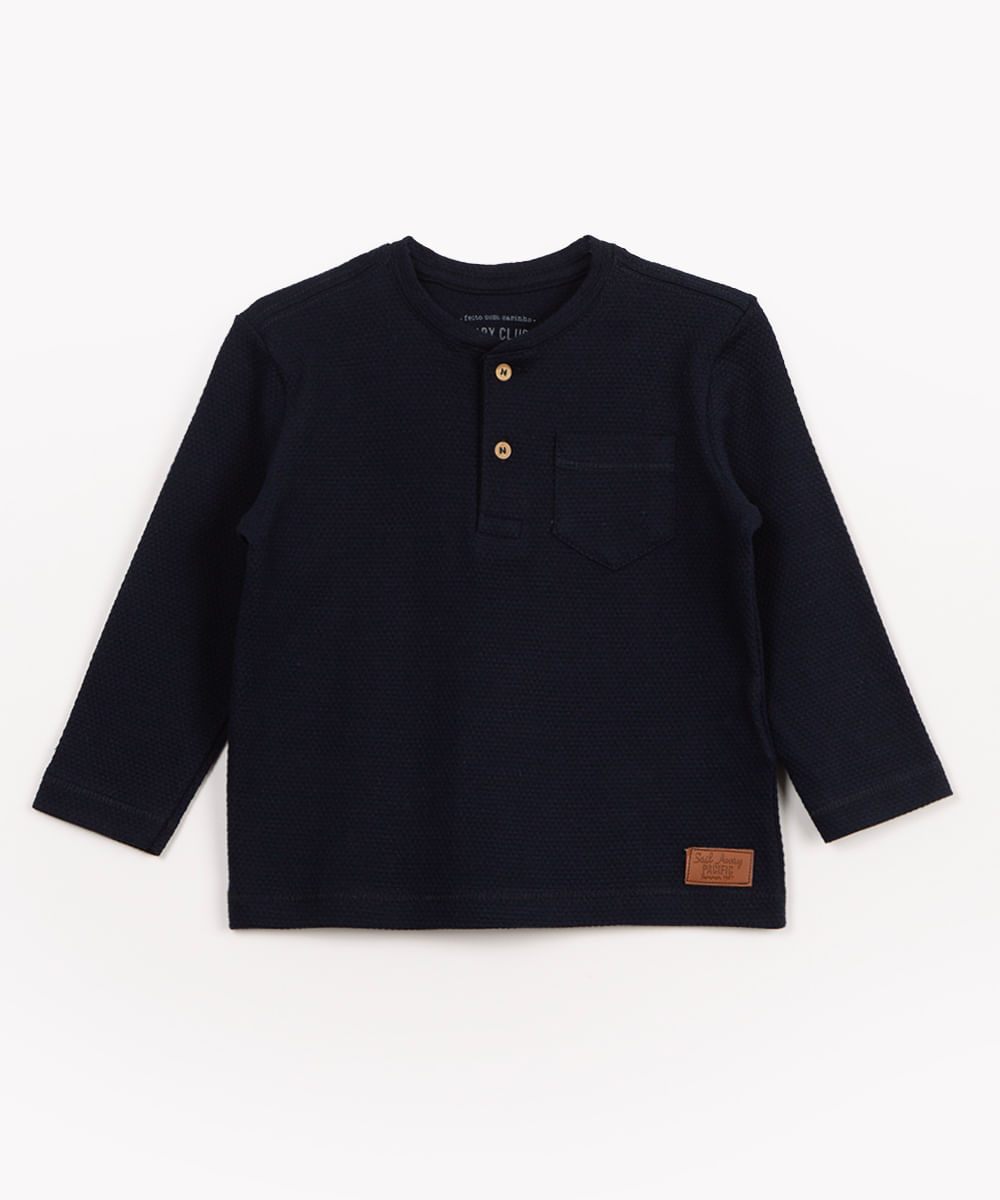 camiseta infantil texturizada manga longa com bolso azul marinho - azul marinho