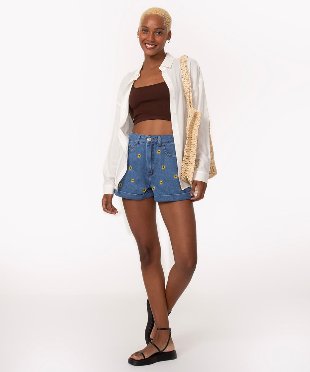 short jeans mom cintura super alta girassol azul escuro