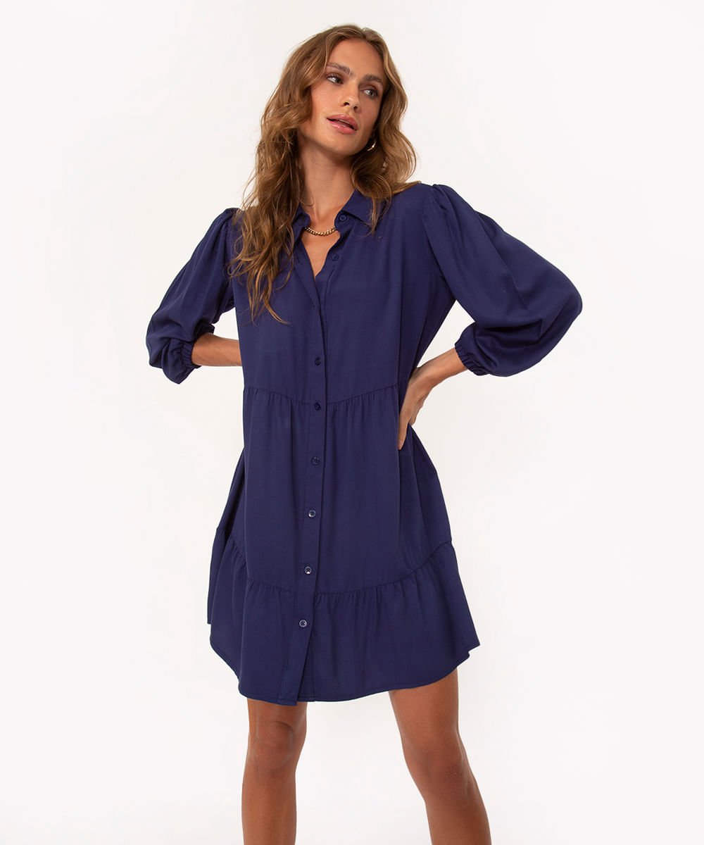 vestido chemise curto de viscose manga bufante azul marinho