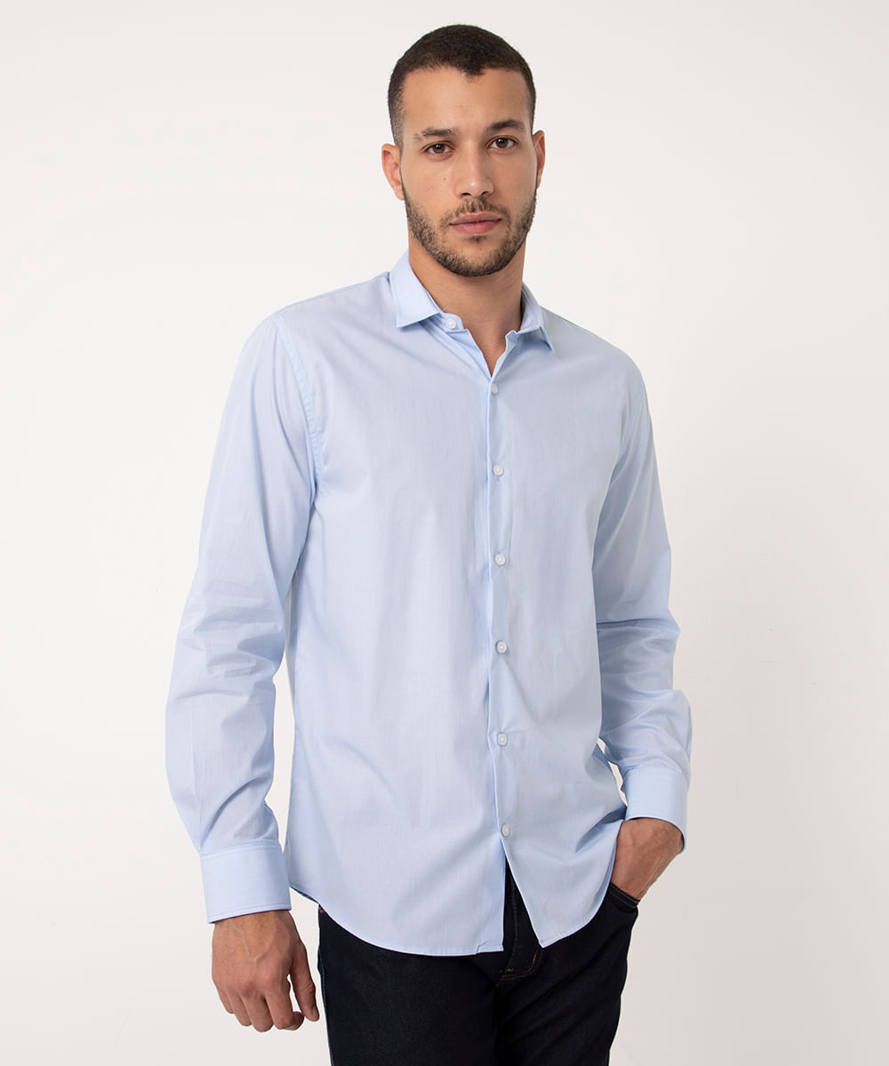 camisa comfort de algodão manga longa azul claro