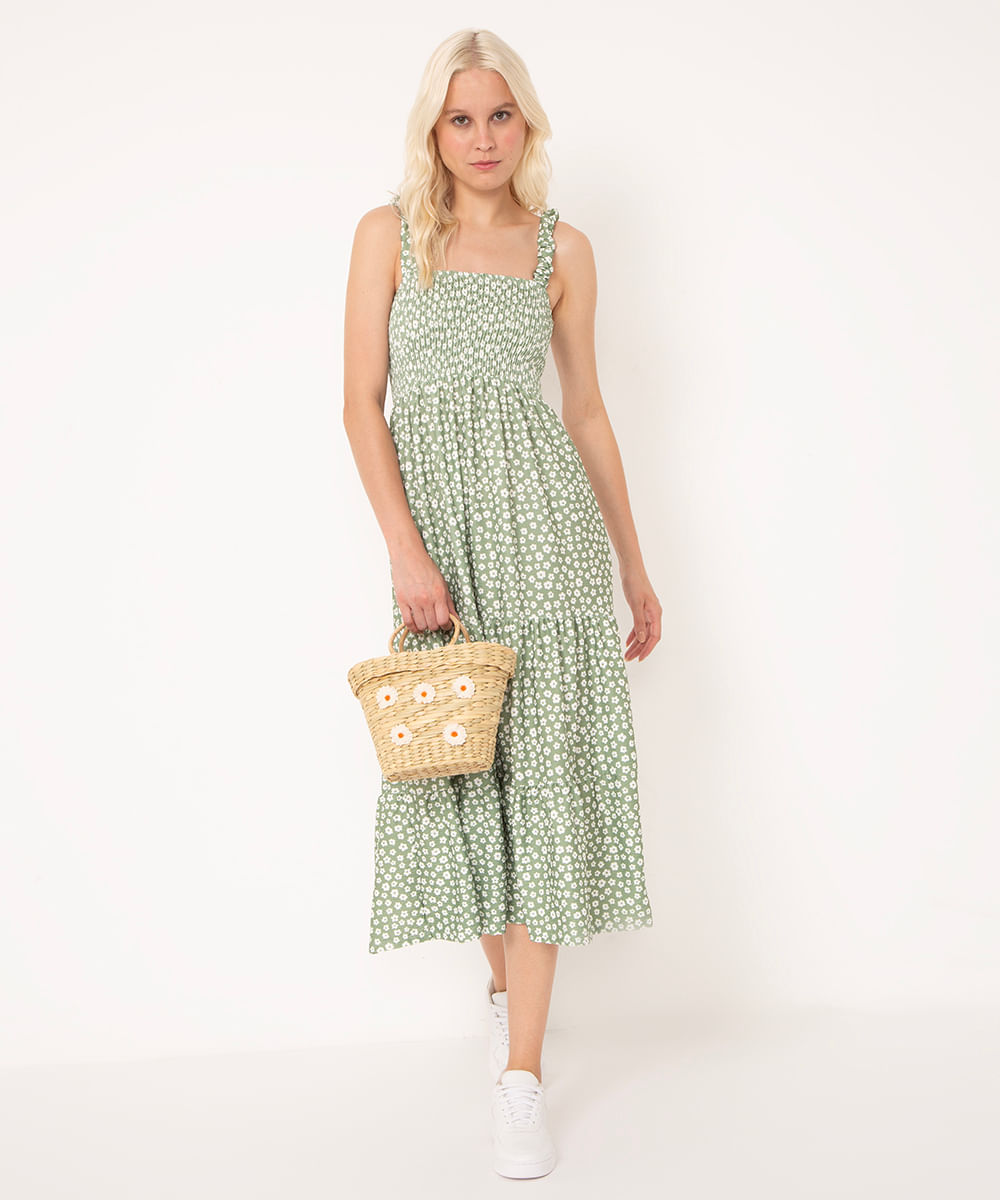 vestido midi decote reto floral verde