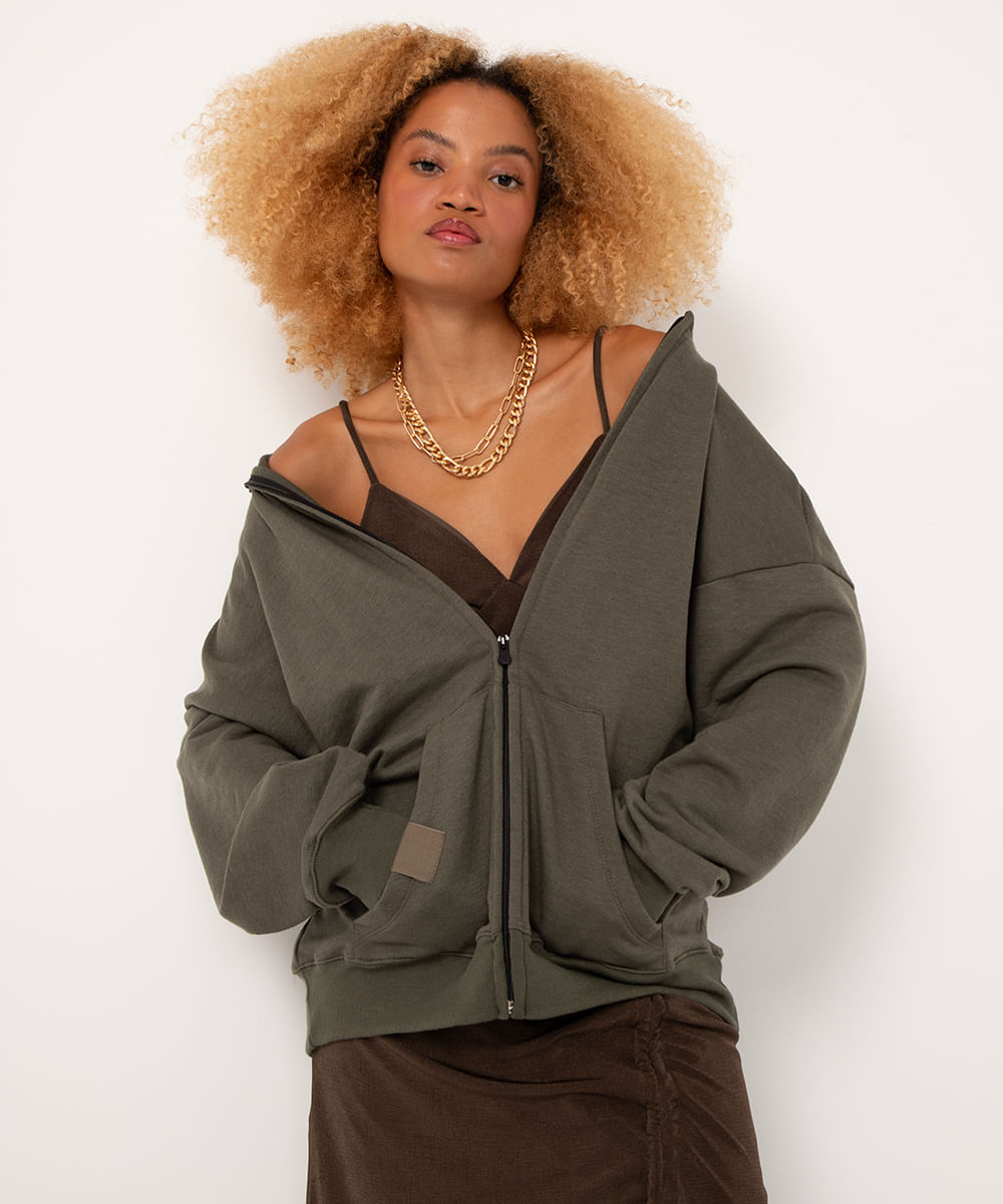 jaqueta de moletom oversized com capuz verde militar