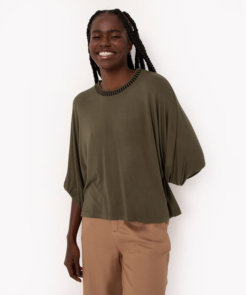 blusa de viscose manga bufante verde escuro