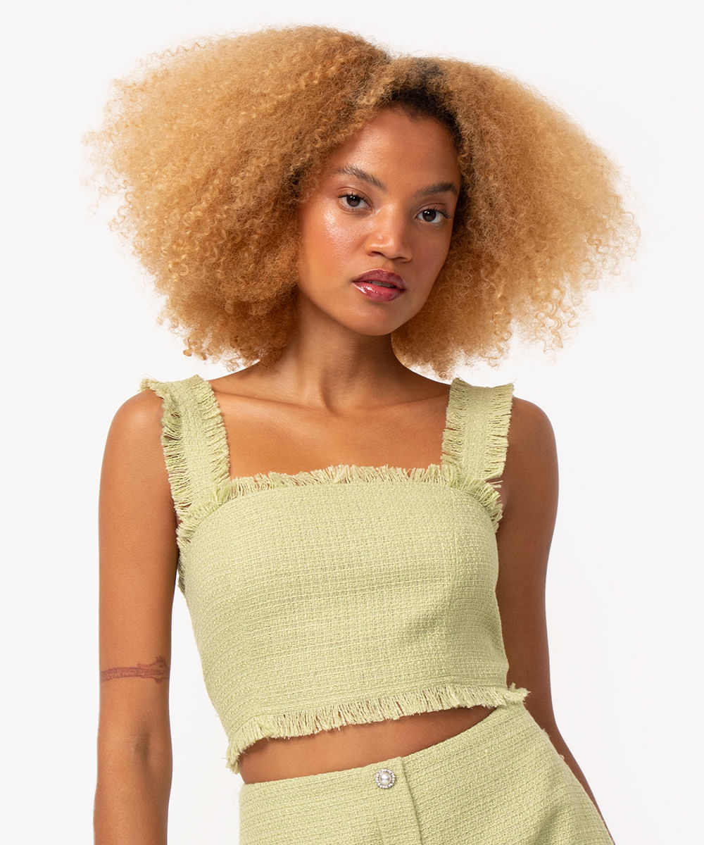 top cropped de tweed alça desfiada verde