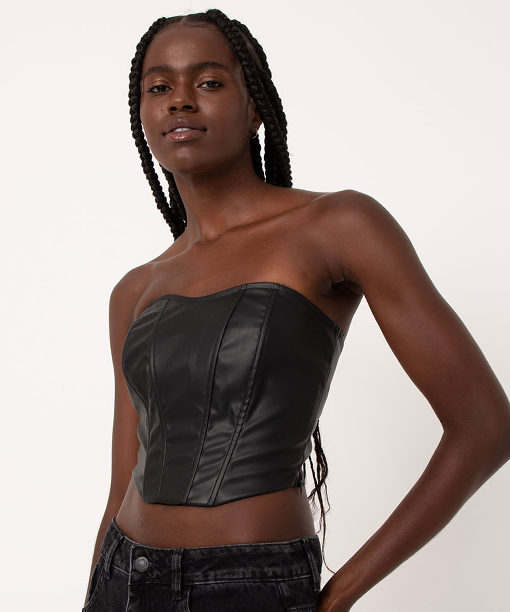 cropped corset de pu preto