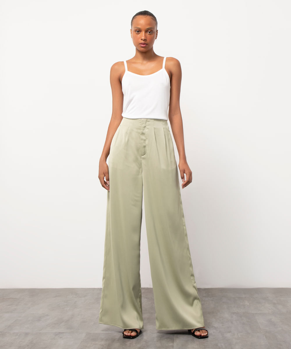 calça wide leg acetinada cintura alta mindset verde