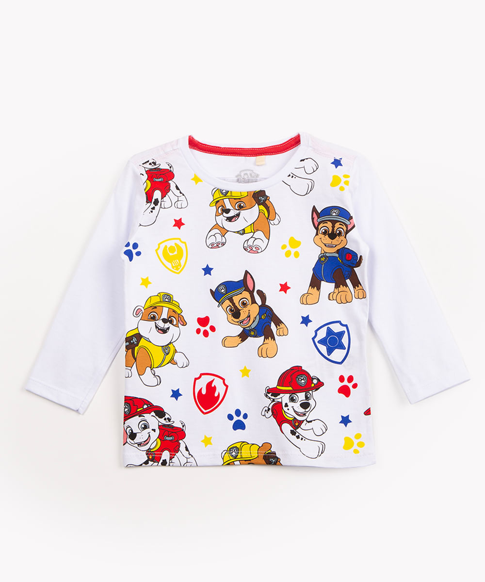 camiseta infantil de algodão manga longa patrulha canina branco