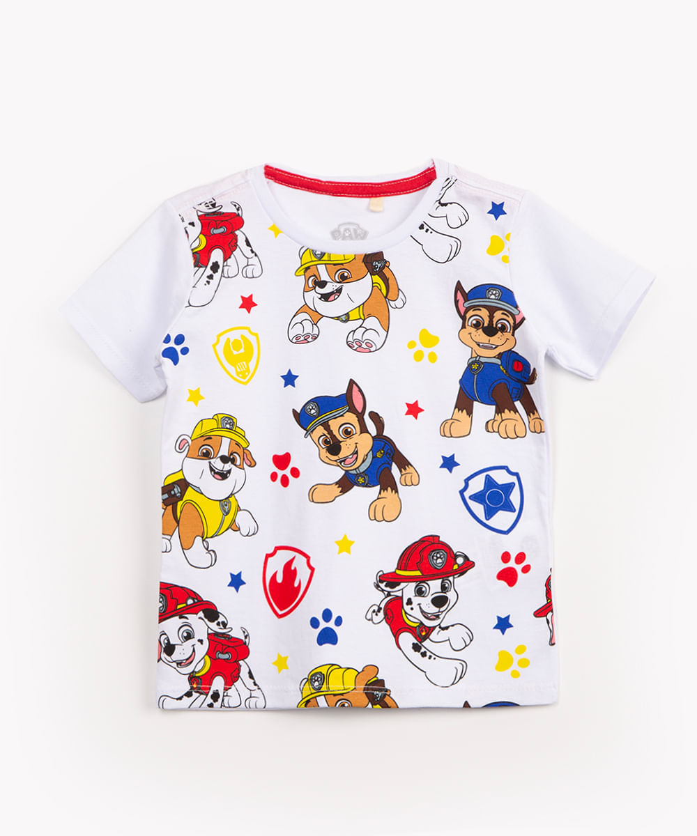 camiseta infantil de algodão manga curta patrulha canina branco