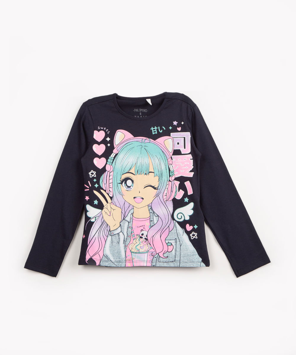 blusa infantil de algodão manga longa anime glitter azul marinho