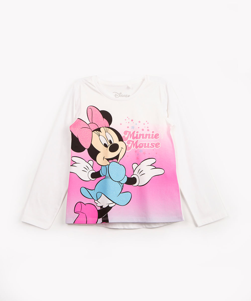 blusa infantil de algodão manga longa minnie mouse glitter off white