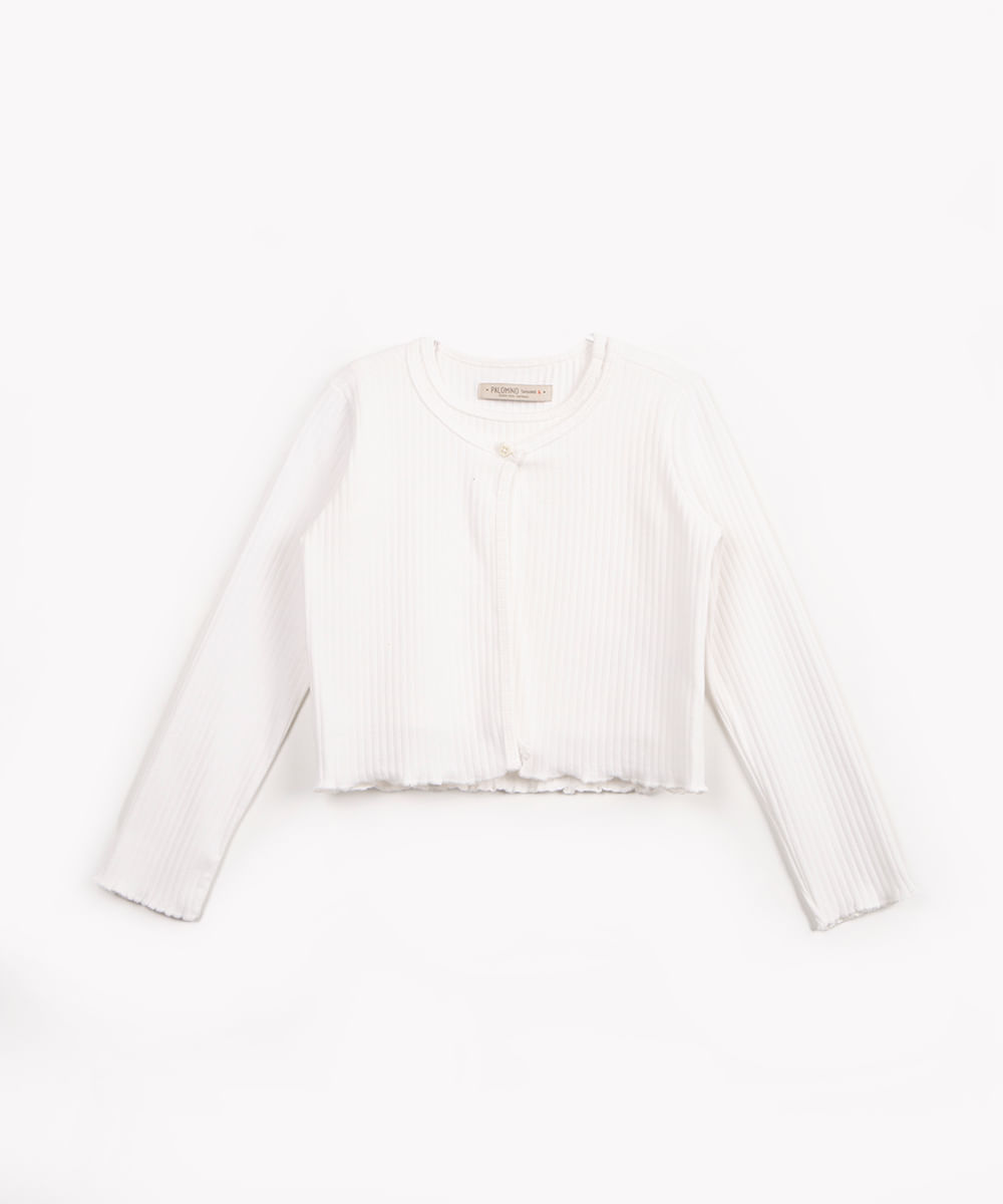 regata infantil com cardigan canelado manga longa off white