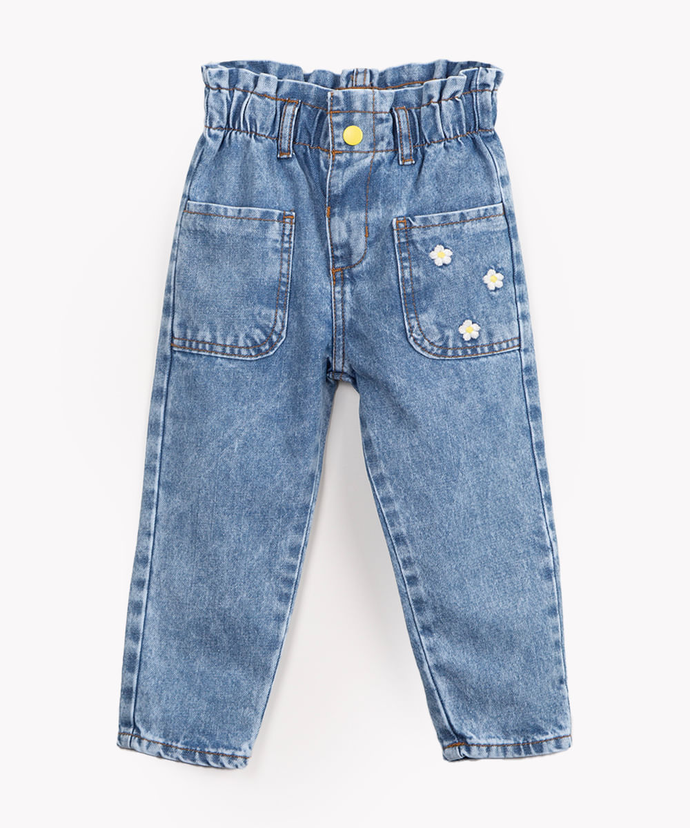 calça jeans infantil clochard bordado de flores azul médio