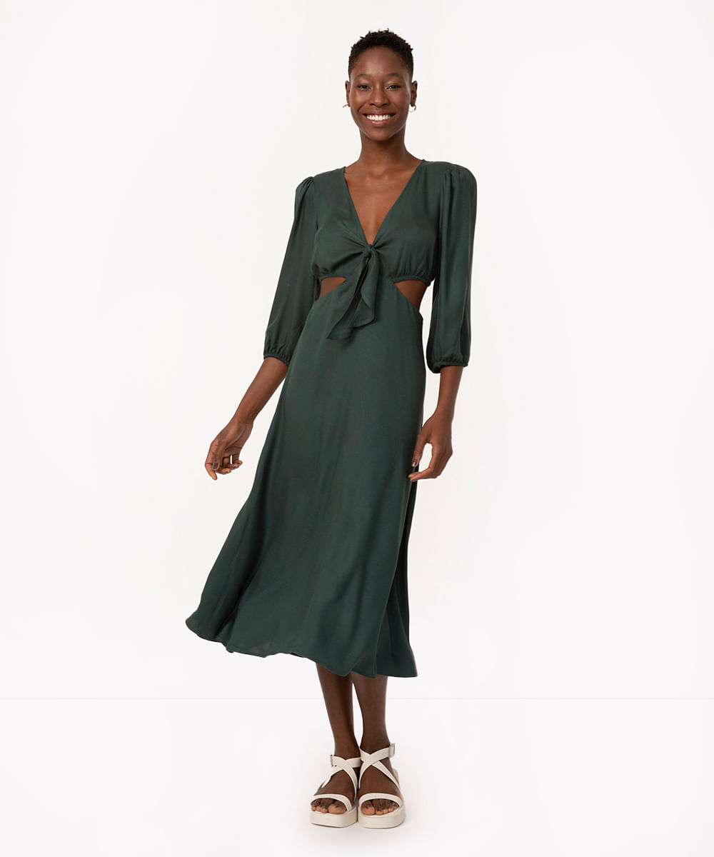 vestido midi de viscose decote laço verde escuro