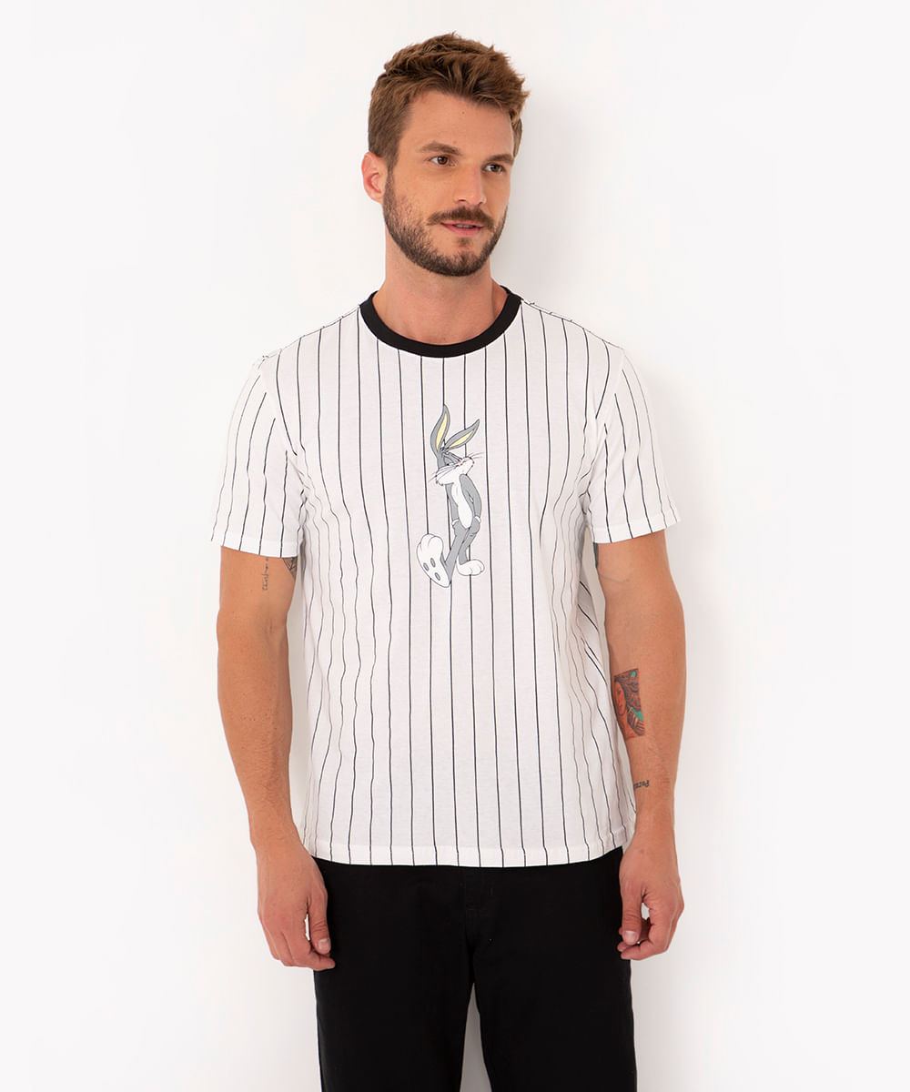 camiseta de algodão manga curta listrada pernalonga branco